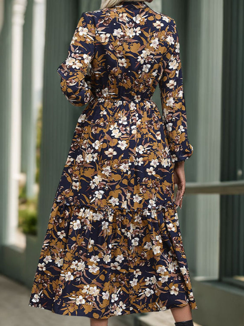 Hazel Blues® |  Perfee Printed Notched Long Sleeve Midi Dress