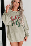 Hazel Blues® |  Green Sequined holly jolly Graphic Corded Sweatshirt