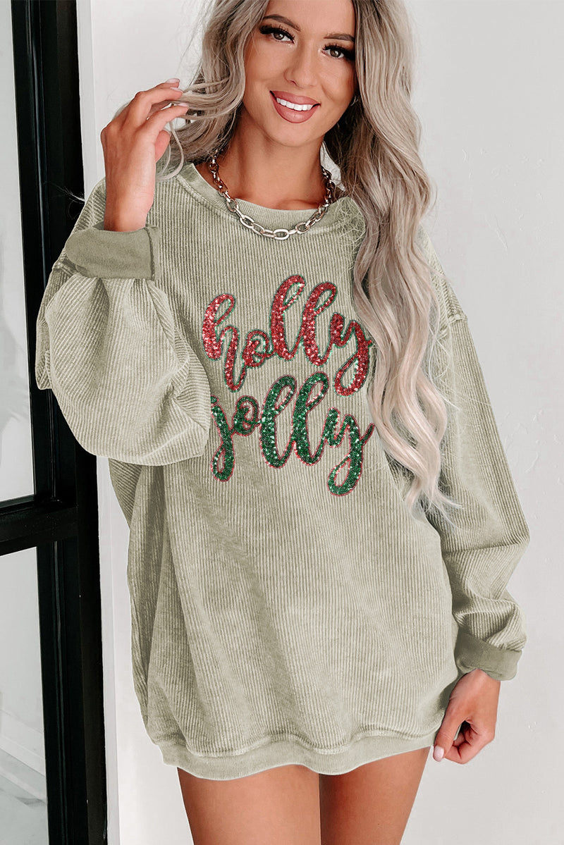 Hazel Blues® |  Green Sequined holly jolly Graphic Corded Sweatshirt