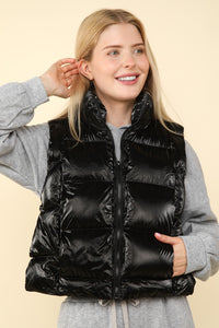 Hazel Blues® |  VERY J Shiny Metallic Zip Up Puffer Vest