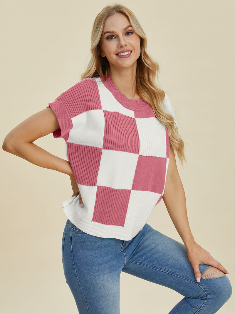 Hazel Blues® |  Double Take Checkered Round Neck Short Sleeve Sweater