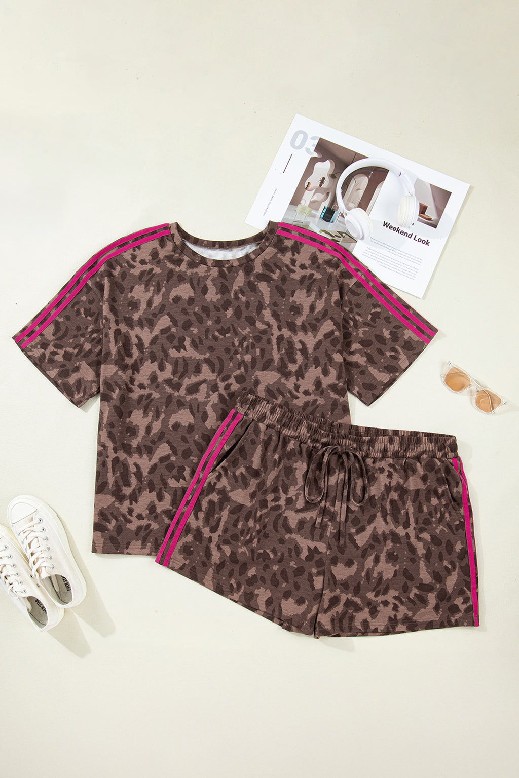 Retro Leopard Print Contrast Varsity Stripe Trim Two-Piece Short Set | Striped Leopard Set