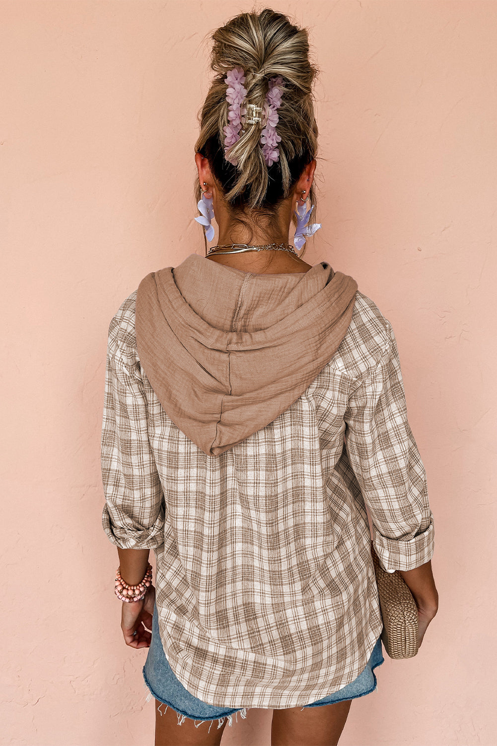 Khaki Checkered Print Relaxed-Fit Buttoned Hooded Shacket