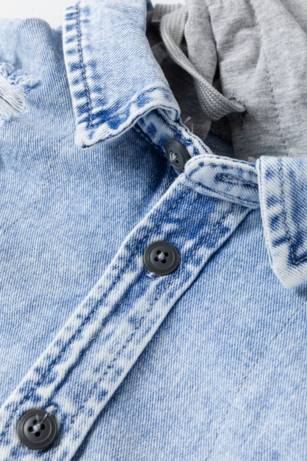 Hazel Blues® |  Distressed Button Up Hooded Denim Jacket with Pockets