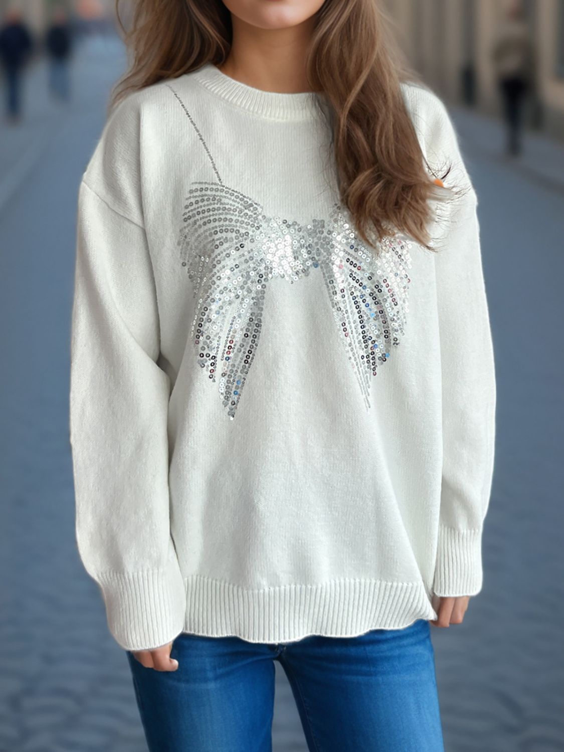 Hazel Blues® |  Sequin Bow Round Neck Long Sleeve Sweater