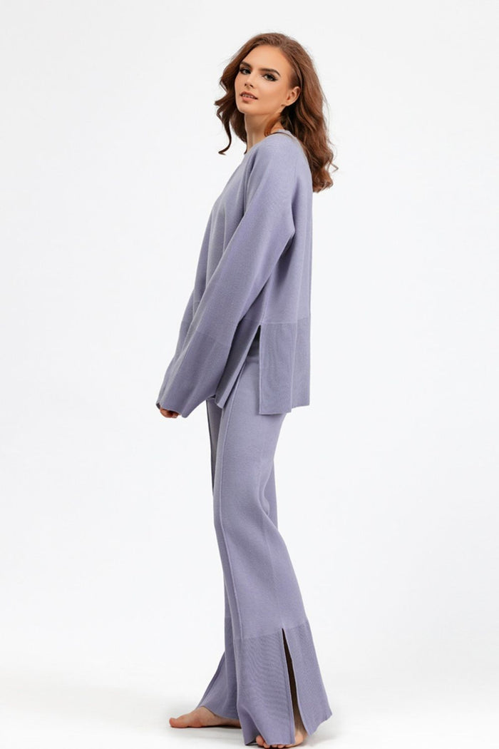 Hazel Blues® |  Basic Bae Slit Round Neck Long Sleeve Top and Drawstring Pants Sweater Set