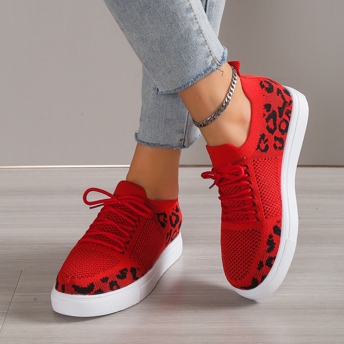 Hazel Blues® |  Lace-Up Leopard Flat Sneakers