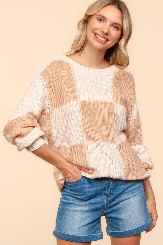 Hazel Blues® |  Haptics Checkered Round Neck Drop Shoulder Sweater