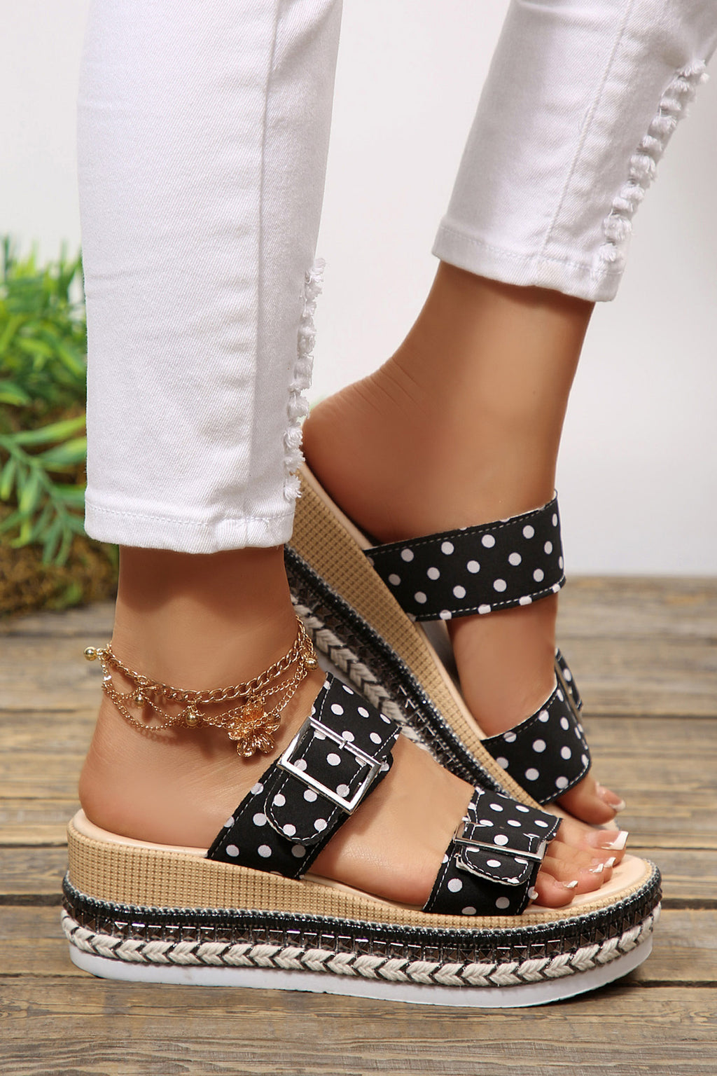 Lila June Polka-Dot Platform Slippers — Black