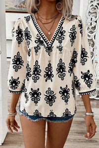 Hazel Blues® |  Printed V-Neck Three-Quarter Sleeve Blouse