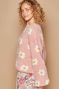 Hazel Blues® |  POL Daisy Pattern Drop Shoulder Sweater