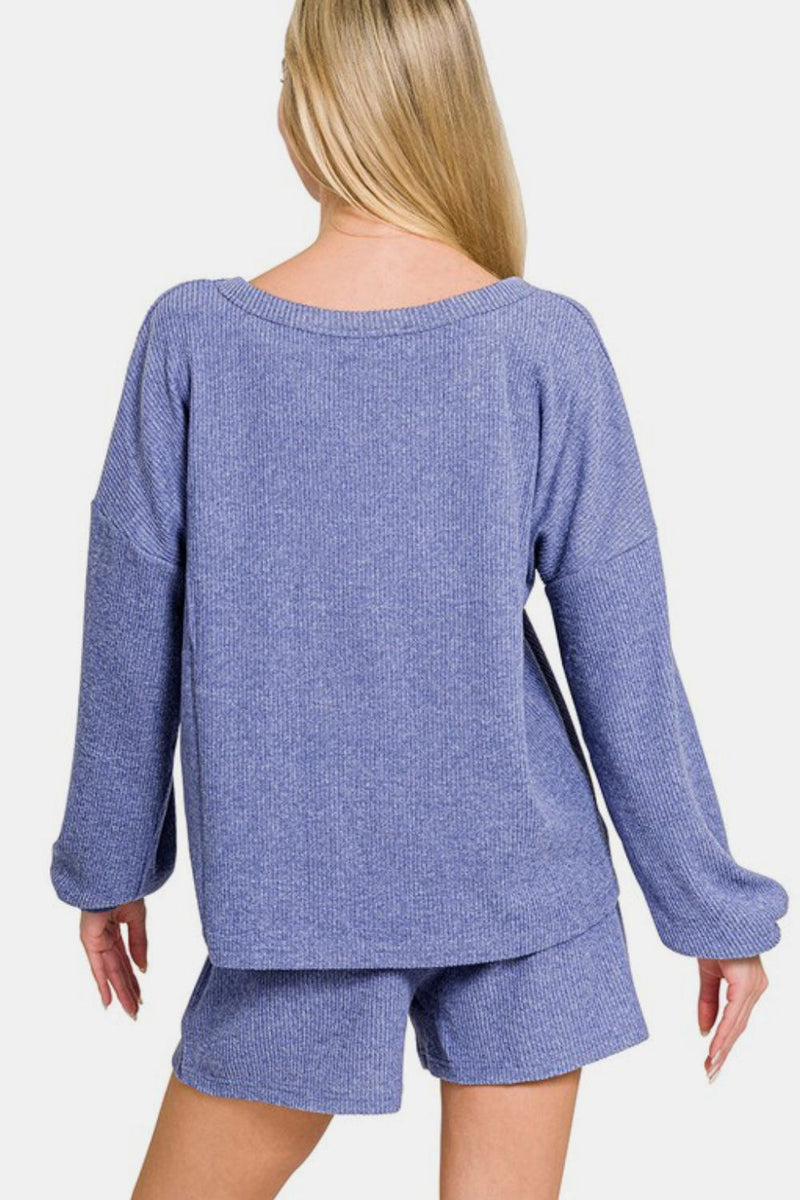 Hazel Blues® |  Zenana V-Neck Long Sleeve Ribbed Top and Shorts Set