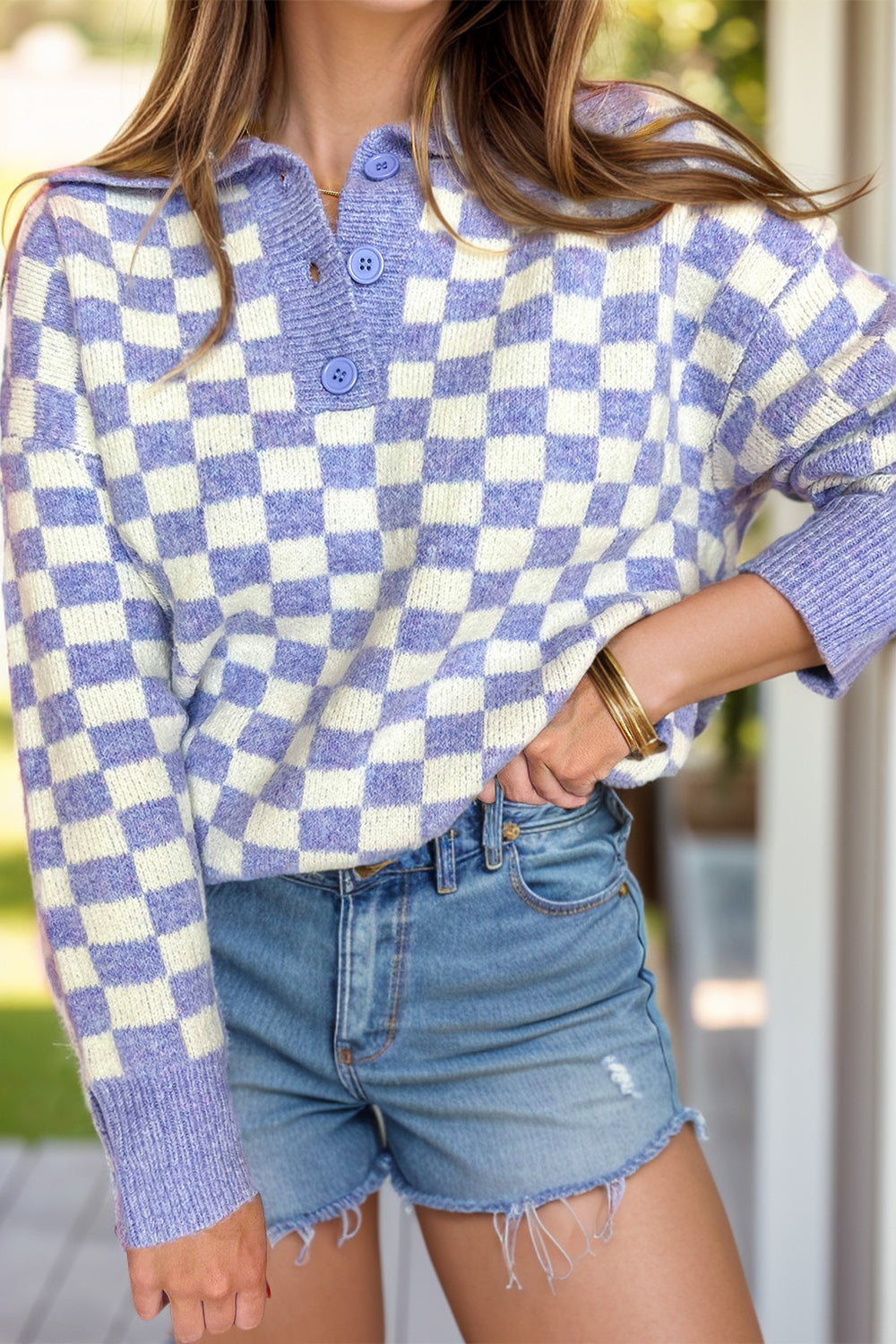 Hazel Blues® | Checkered Collared Neck Long Sleeve Sweater