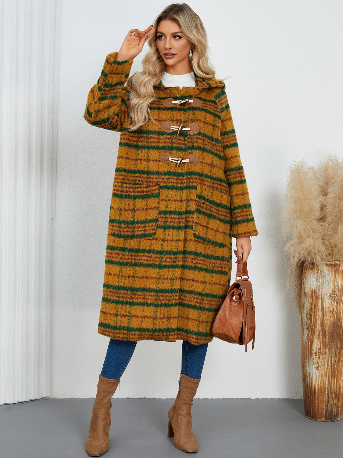 Hazel Blues® |  Plaid Long Sleeve Hooded Coat with Pockets