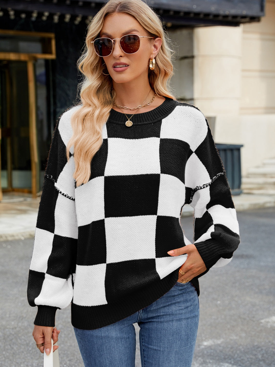 Hazel Blues® |  Checkered Round Neck Long Sleeve Sweater