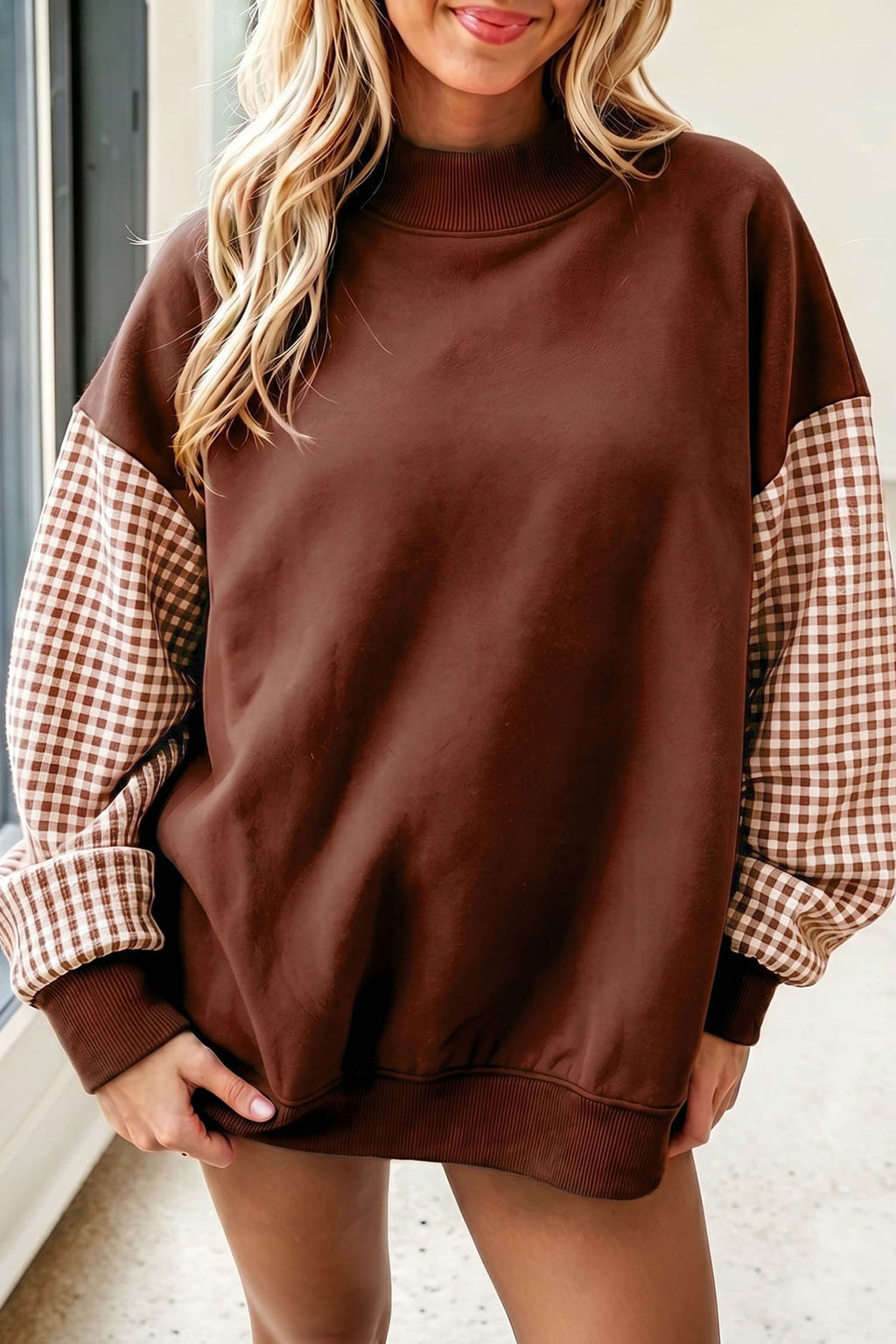 Coffee Plaid Sleeve Color-Block Relaxed Tunic Sweatshirt