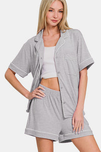 Hazel Blues® |  Zenana Button Down Short Sleeve Top and Shorts Lounge Set