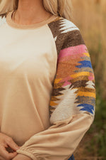 Hazel Blues® |  Light French Beige Aztec Patchwork Raglan Pullover Sweatshirt