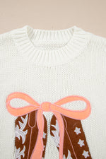 Hazel Blues® |  White Embroidered Bow Boots Graphic Drop Shoulder Sweater