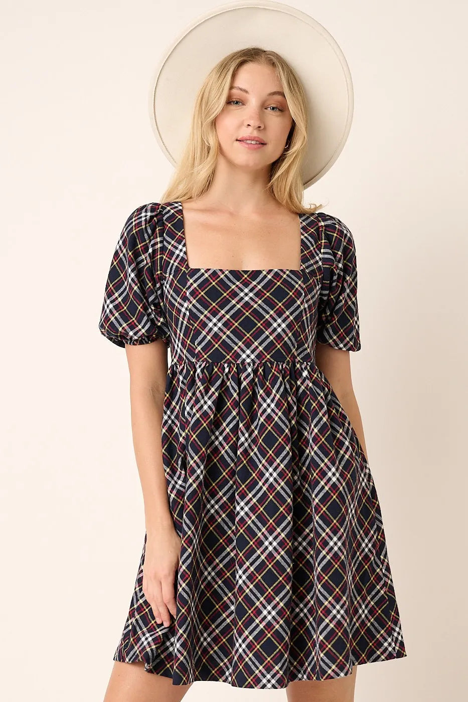 Hazel Blues® | Mittoshop Checkered Print Puff Sleeve Babydoll Mini