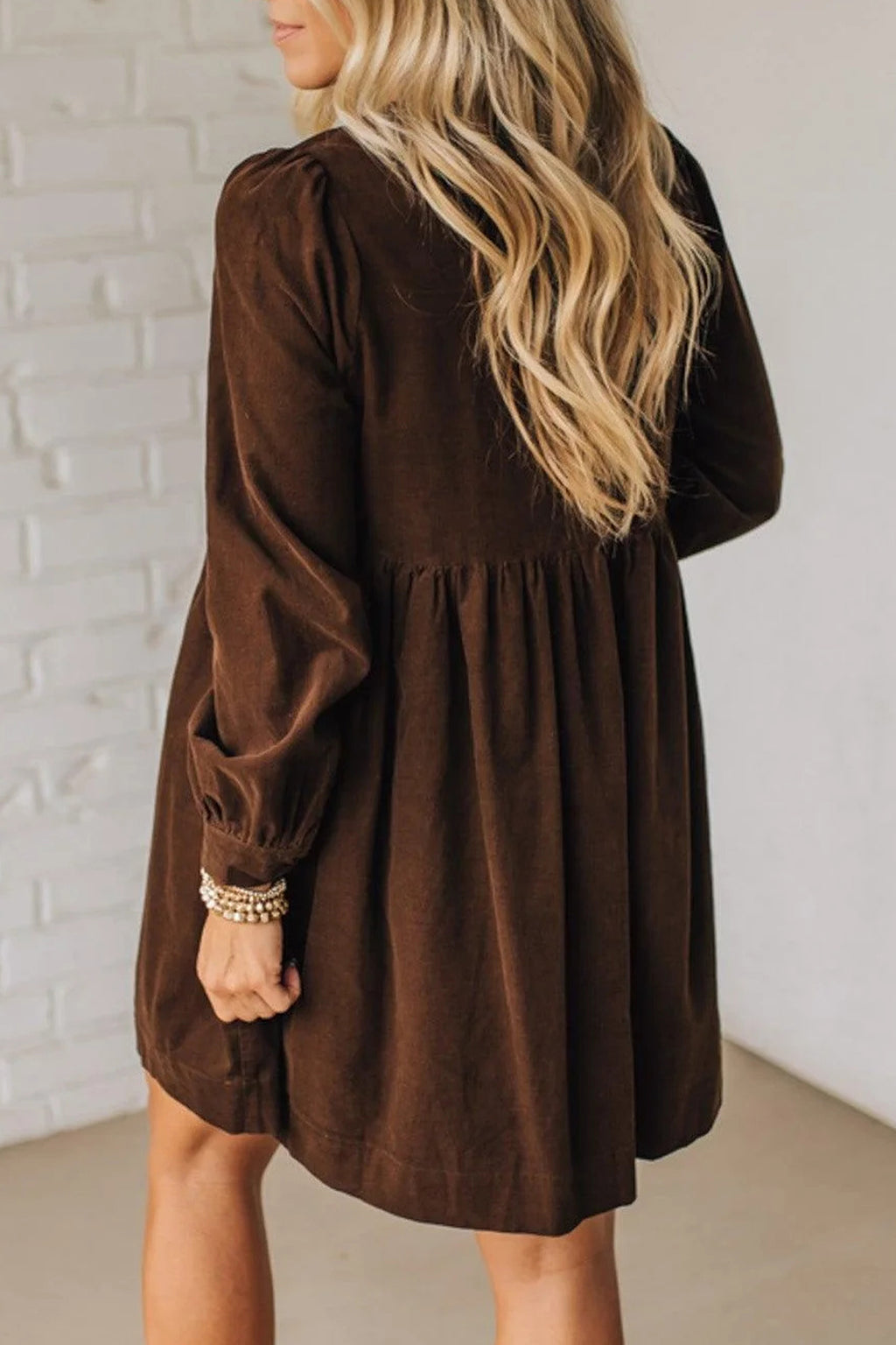 Brown Corduroy Bow-Front Mini Dress