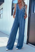 Hazel Blues® |  V-Neck Wide Leg Denim Jumpsuit