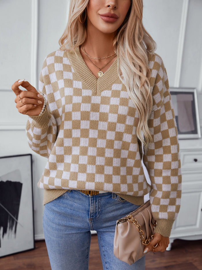 Hazel Blues® |  Checkered V-Neck Dropped Shoulder Sweater