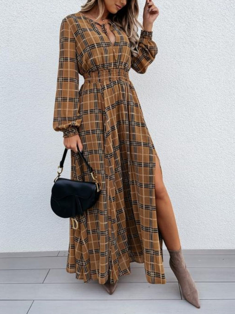 Hazel Blues® |  Slit Plaid Tie Neck Long Sleeve Maxi Dress