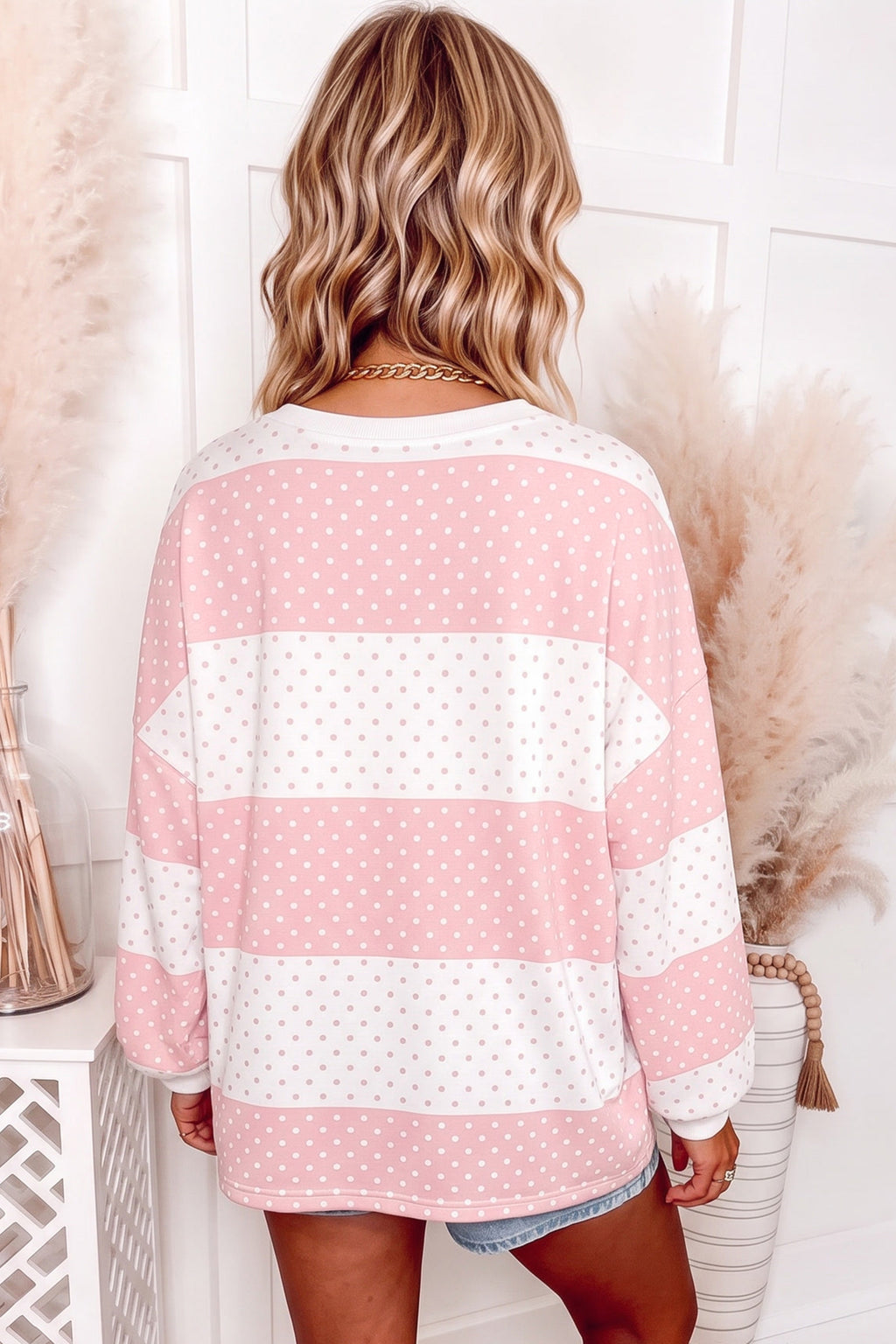 Pink Polka Dot Patchwork Colorblock Long Sleeve Top