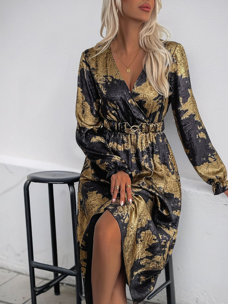 Hazel Blues® |  Perfee Printed Surplice Long Sleeve Midi Dress