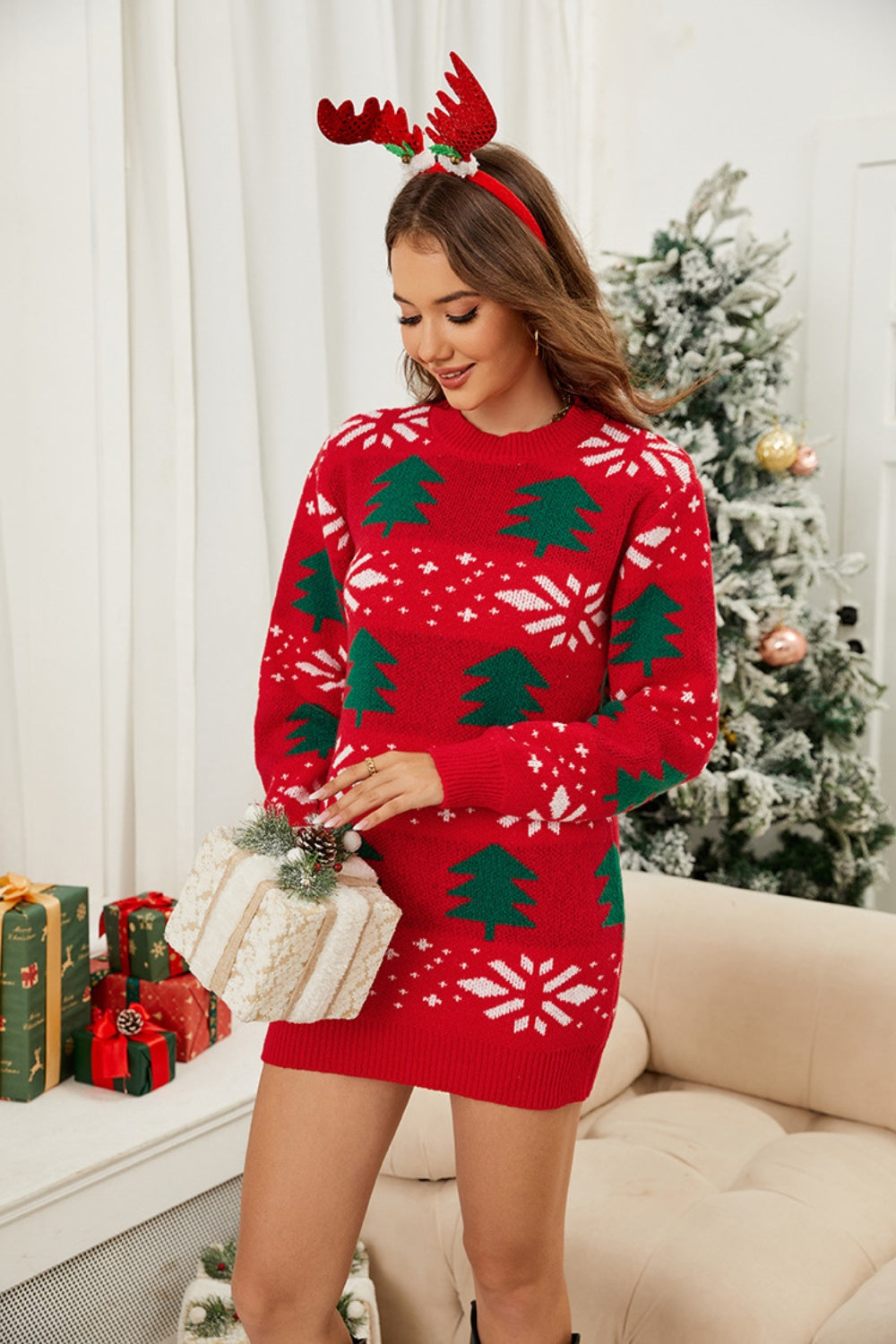 Hazel Blues® |  Christmas Tree Round Neck Sweater Dress