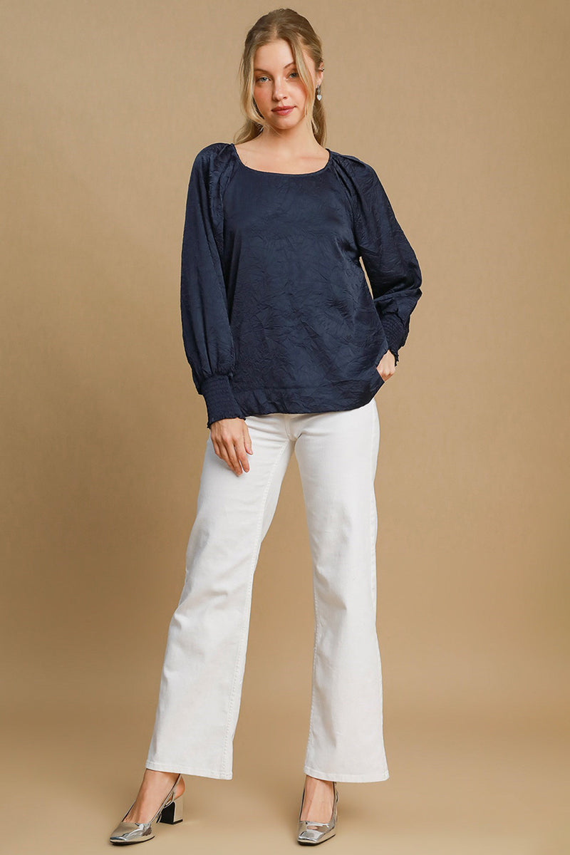 Hazel Blues® |  Umgee Wrinkled Round Neck Lantern Sleeve Blouse