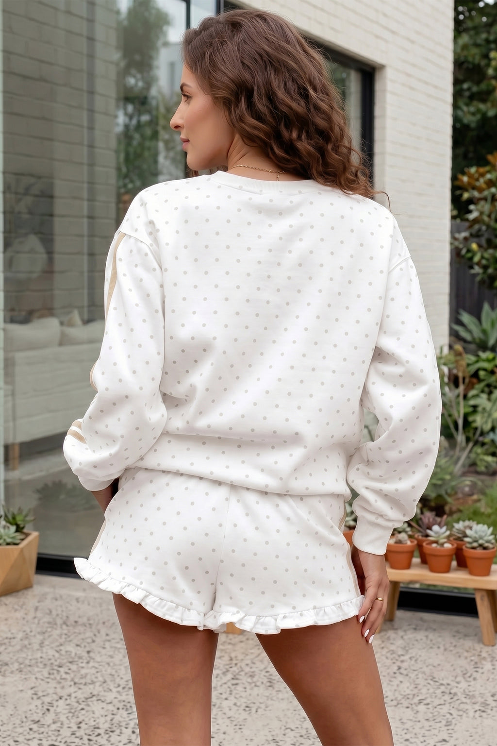 Print Side Polka Dot Stripe Detail Casual Sweatshirt Two-Piece Short Set | Striped Polka Dot Set