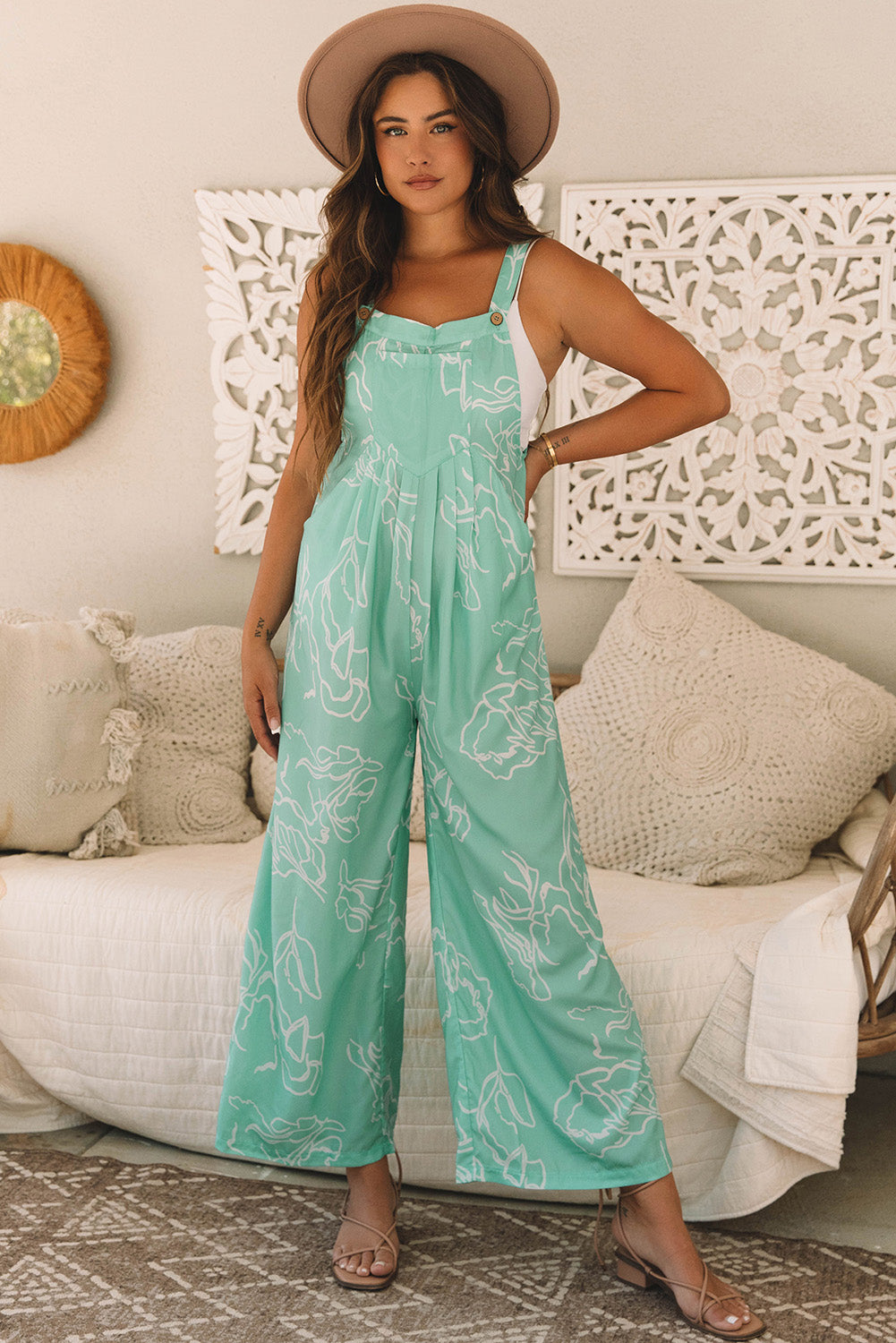 Hazel Blues® |  Moonlight Jade Printed Bib Wide Leg Overall