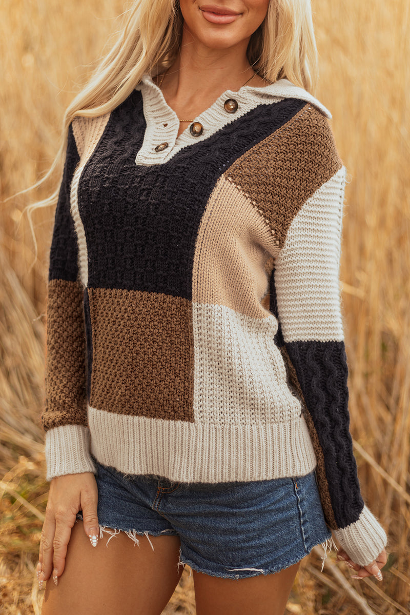 Hazel Blues® |  Multicolour Color Block Cable Knit Sleeve Buttons Collared Sweater