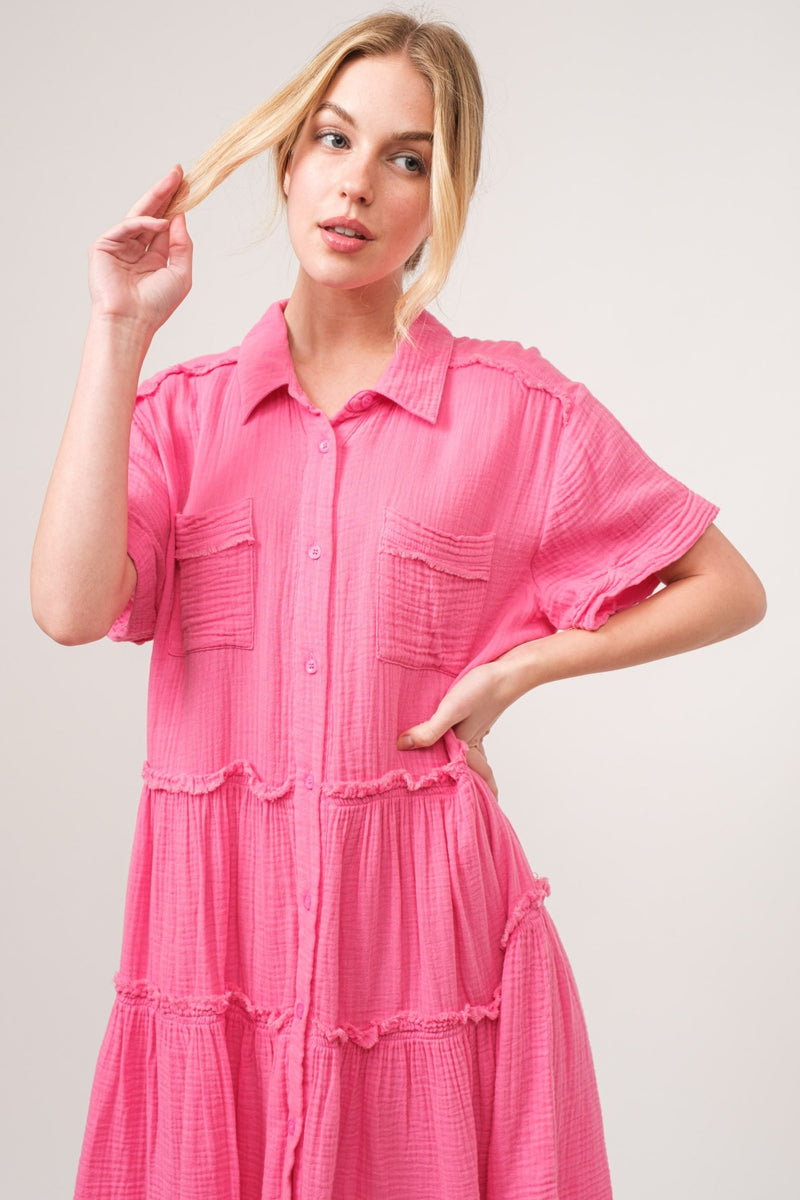 pink tiered shirt dress Light Pink Solid Textured Tiered Shirt Sleeve Maxi Dress