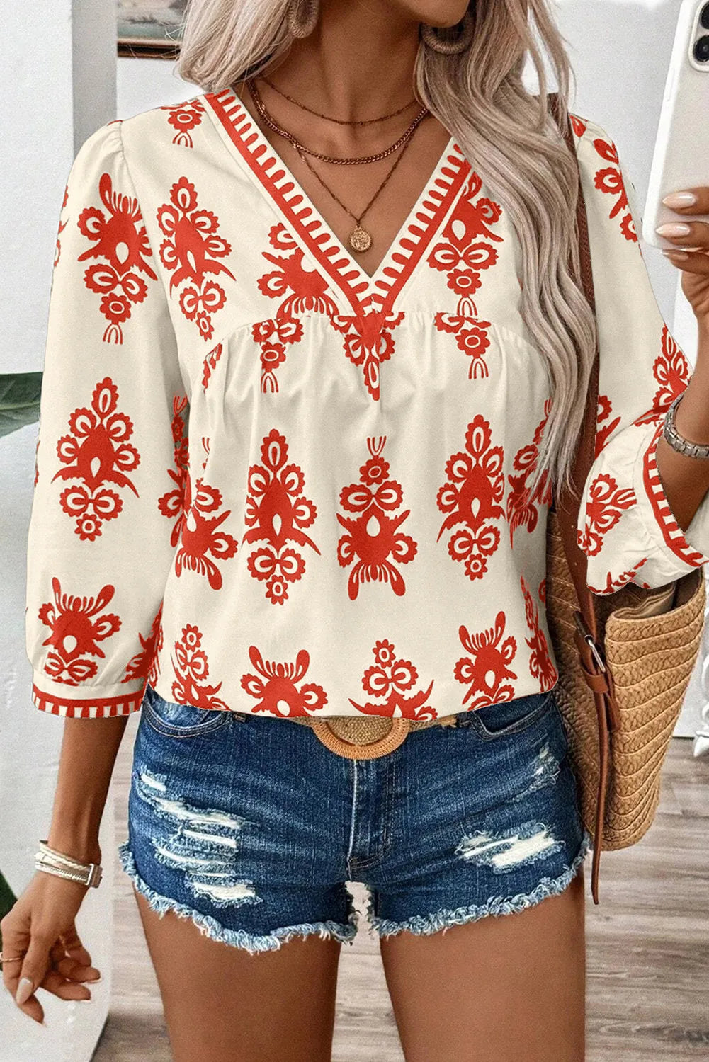 Hazel Blues® |  Printed V-Neck Three-Quarter Sleeve Blouse