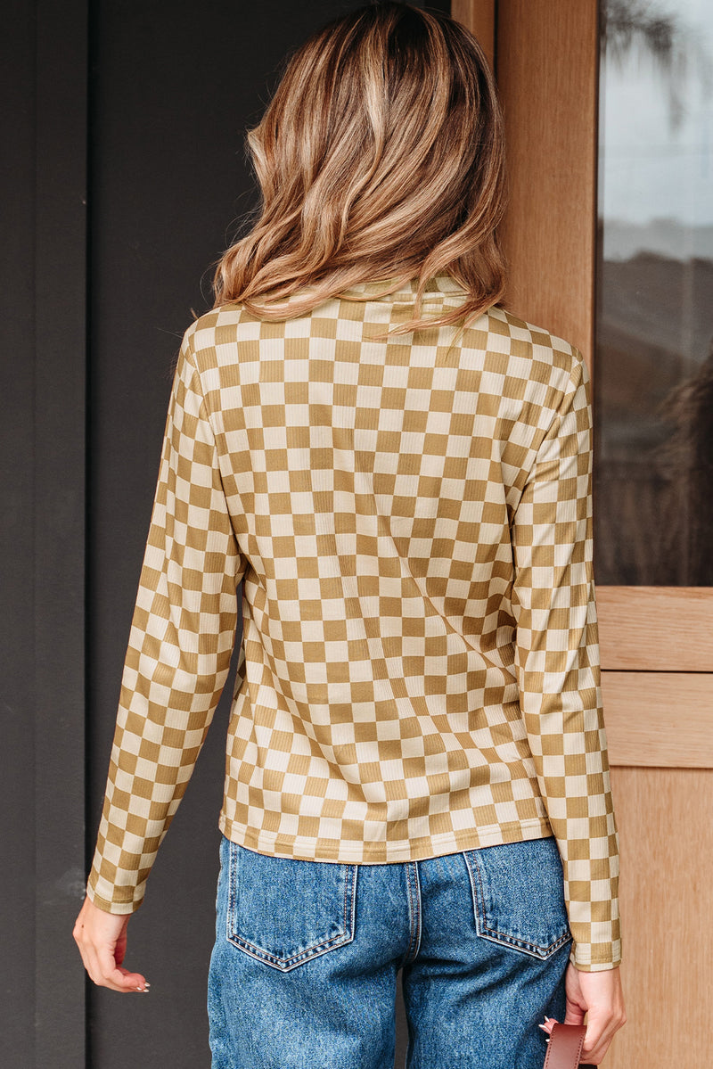 Hazel Blues® |  Khaki Check Pattern Turtleneck Ribbed Slim Long Sleeve Tee