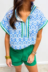 Hazel Blues® |  Pink Western Print Zipped Collar Short Sleeve Summer Blouse Top