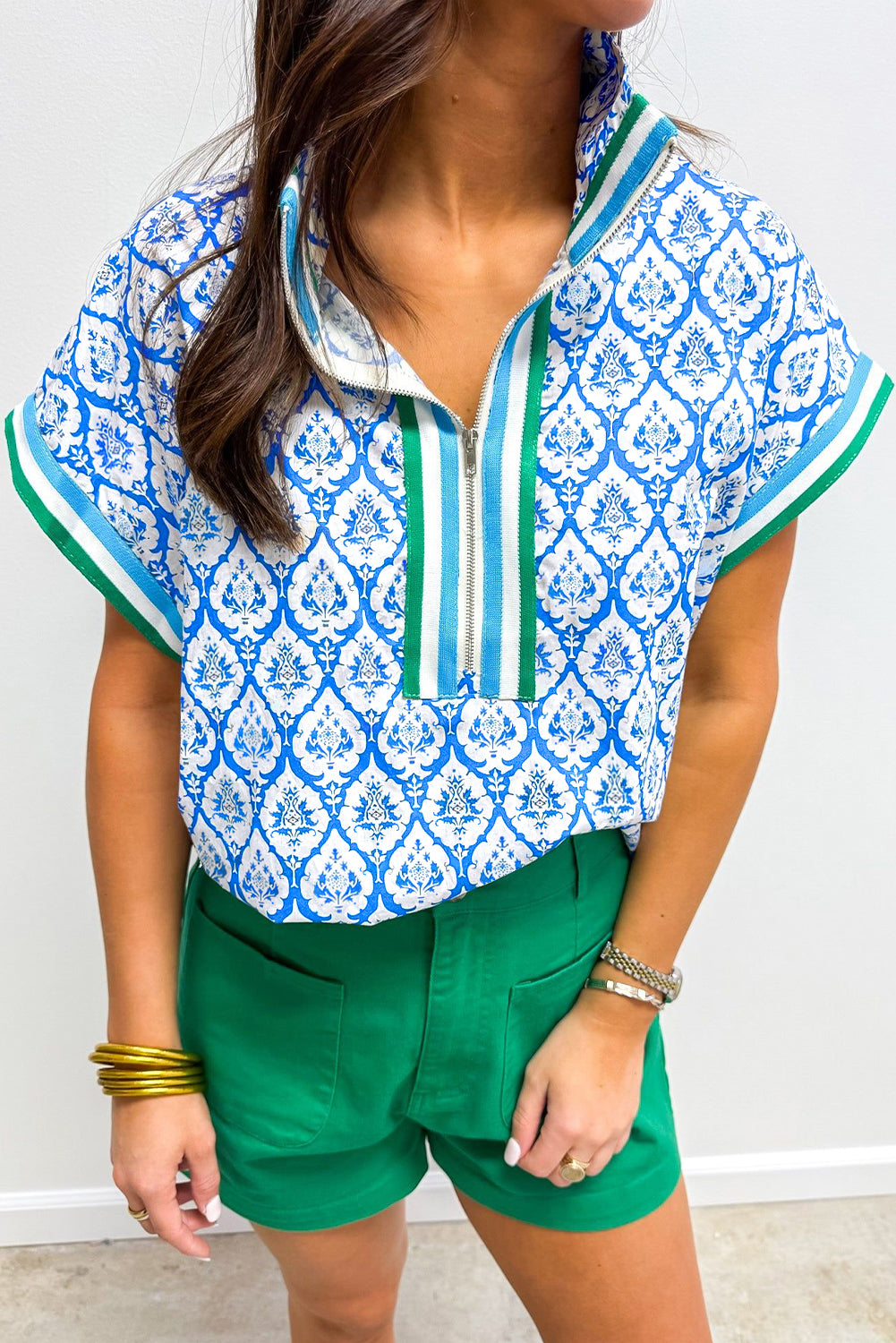 Hazel Blues® |  Pink Western Print Zipped Collar Short Sleeve Summer Blouse Top