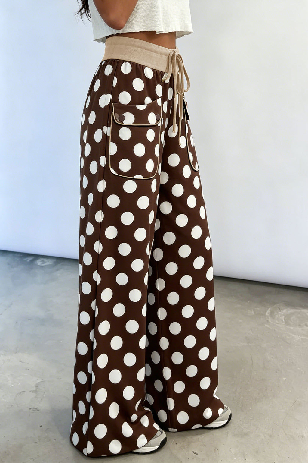 Olive Noelle Brown Polka-Dot Wide-Leg Pants