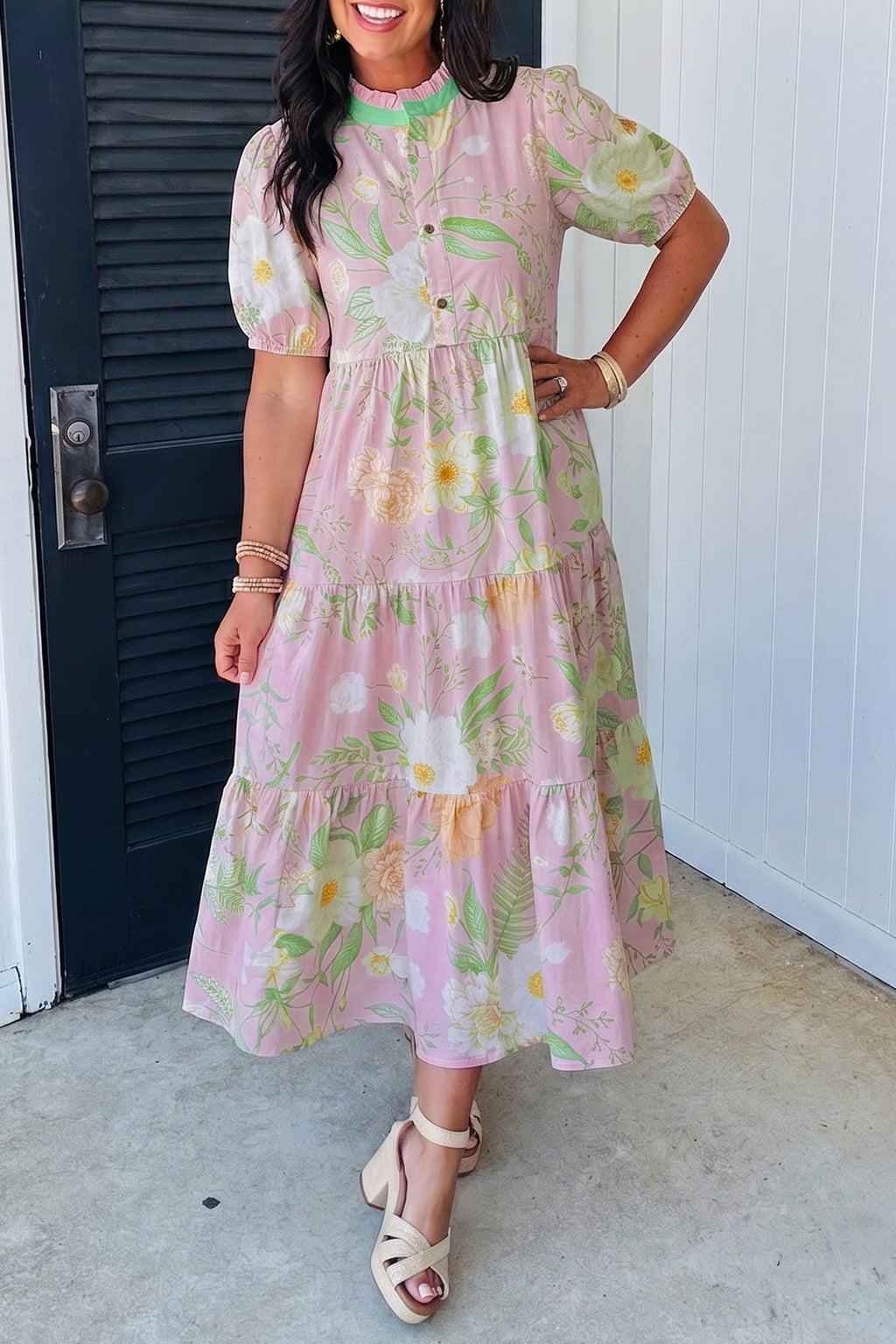 Short Puff Floral Print Sleeve High Waist Tiered Maxi Dress | Floral Puff Sleeve High Waist Dress