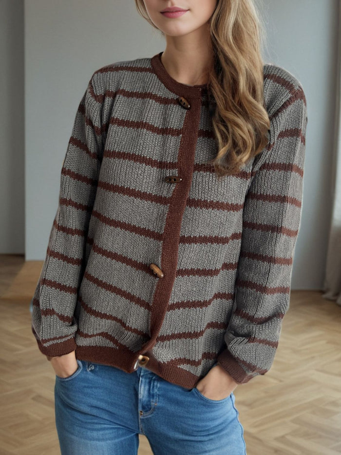 Hazel Blues® |  Striped Round Neck Long Sleeve Cardigan