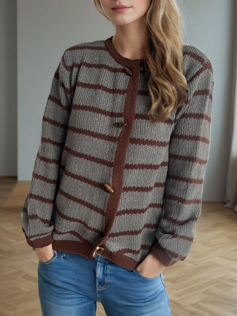 Hazel Blues® |  Striped Round Neck Long Sleeve Cardigan