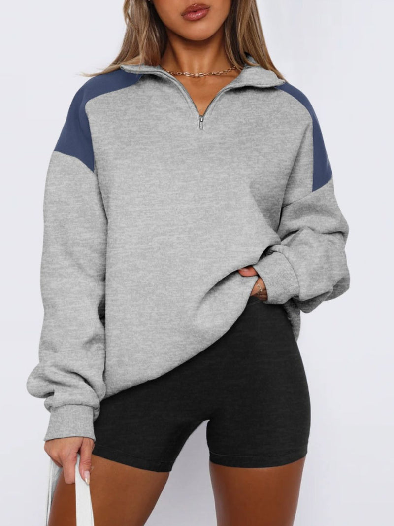 Hazel Blues® |  Contrast Quarter Zip Long Sleeve Sweatshirt