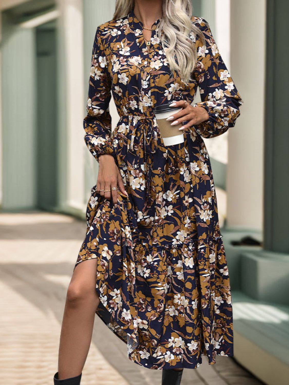 Hazel Blues® |  Perfee Printed Notched Long Sleeve Midi Dress