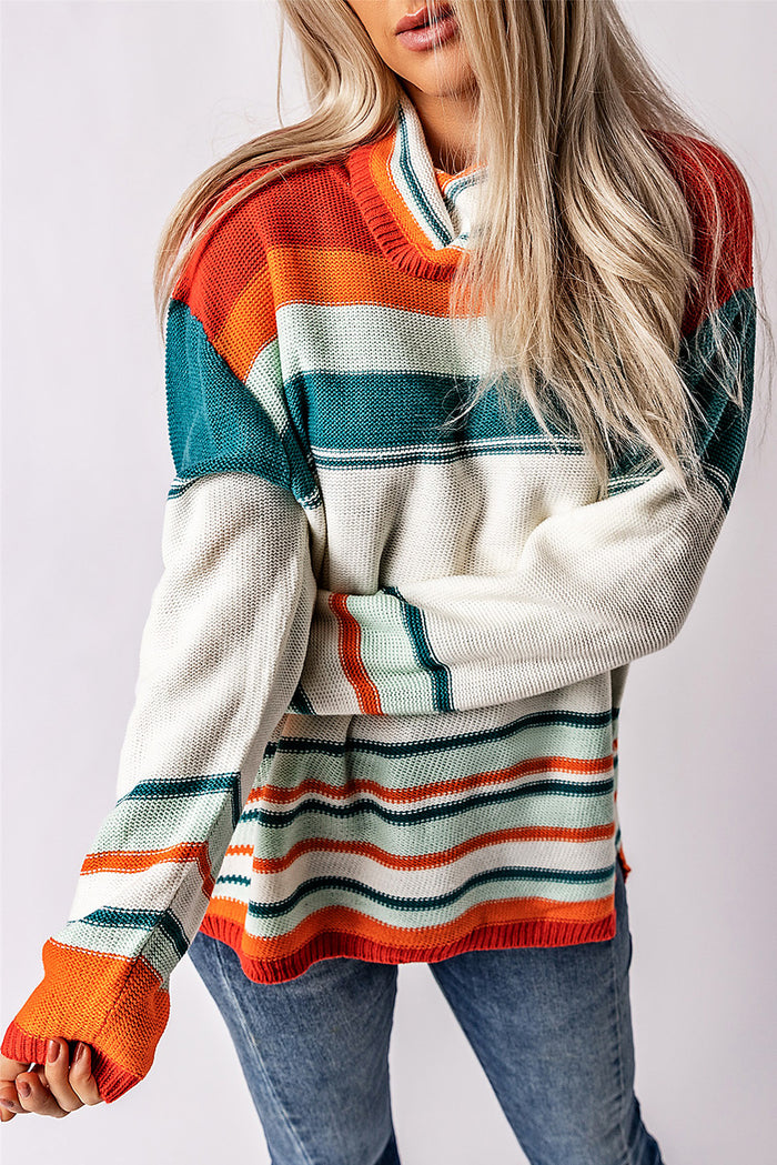 Hazel Blues® |  Contrast Striped Turtleneck Dropped Shoulder Sweater