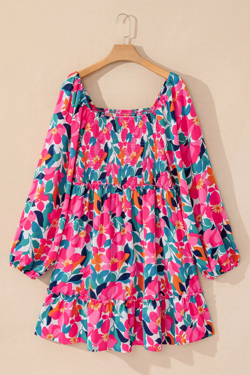 Hazel Blues® | Smocked Floral Square Neck Balloon Sleeve Dress