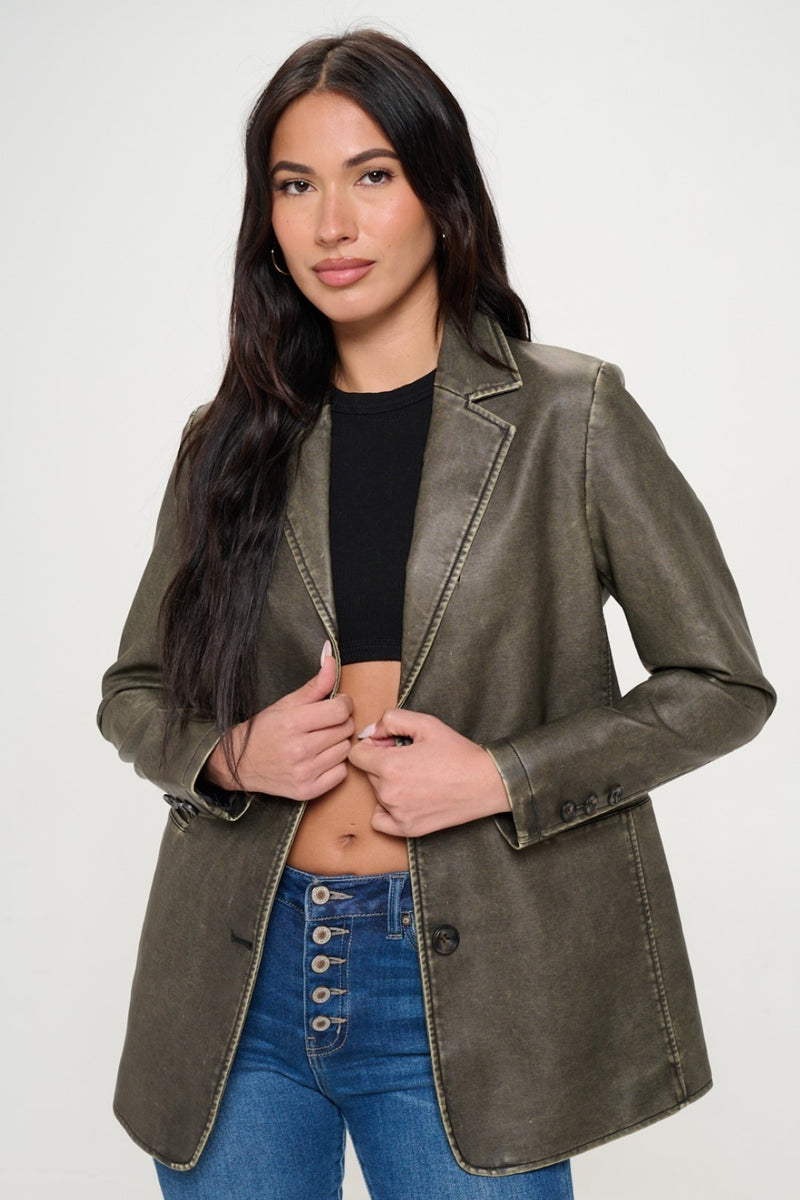 Hazel Blues® |  Coalition LA Single-Breasted Vegan Leather Blazer