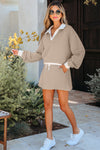 Hazel Blues® |  Parchment Raw Edge Detail Colorblock Patchwork Cropped Pullover Drawstring Skirt Set